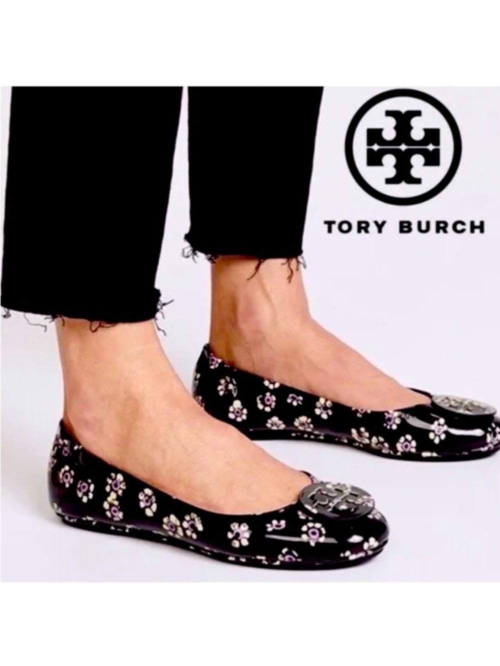 TORY BURCH Minnie Travel Logo Ballet Flats Black Pink Stamped Floral Size 6
